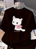 Cute Black Cat with Pink Bow Pattern TShirt Unisexs Summer Casual ShortSleeve Crew Neck TShirt Kawaii Kitten Harajuku Style