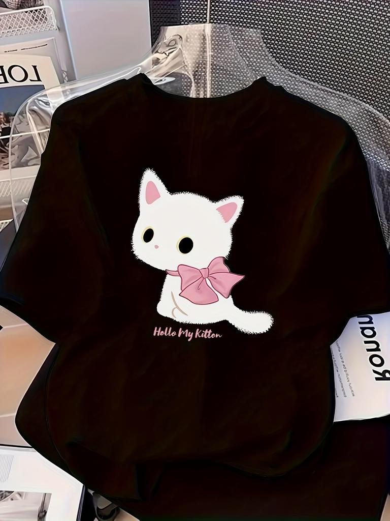 Cute Black Cat with Pink Bow Pattern TShirt Unisexs Summer Casual ShortSleeve Crew Neck TShirt Kawaii Kitten Harajuku Style