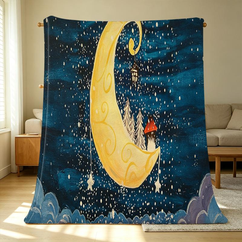 Dreamy Moonlit Night Flannel Blanket Soft, Skin-Friendly, Warm & Cozy, Pilling-Resistant, All-Season for Postpartum Care & Home Casual Use