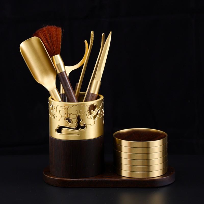 Brass Tea Ceremony Set With Heat-Resistant Coasters Six Tools Gongfu Service