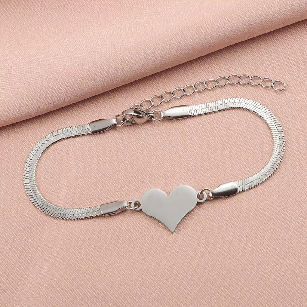 Hot Selling Stainless Steel Gold Plated Simple Heart Pendant Snake Bone Chain Bracelet Fashion Charm for Women