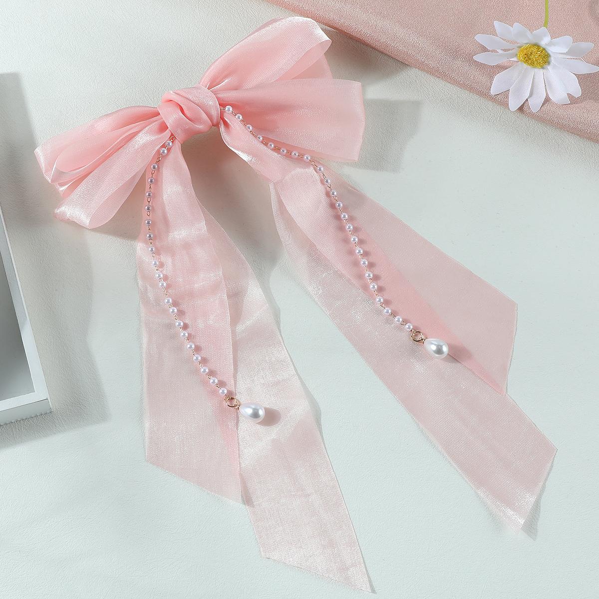 

Elegant Long Pearl Tassel Bow Hair Clip for Women Fashion Simple Mesh Bow Hairpins Girls Solid Spring Clip Hair Accessories