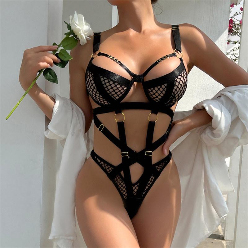 Fishnet Hollowed Sexy Lingerie Perspective Nightclub Costume Splicing Jumpsuit Black Underwear Bra Thong Set GZW