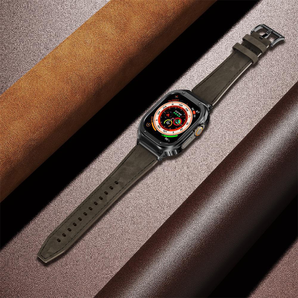 Metal Case+Genuine Leather Strap For Apple Watch Band 44mm 45mm 49mm 40mm 41mm 45 mm bracelet iwatch series se 8 7 6 5 4 ultra 2
