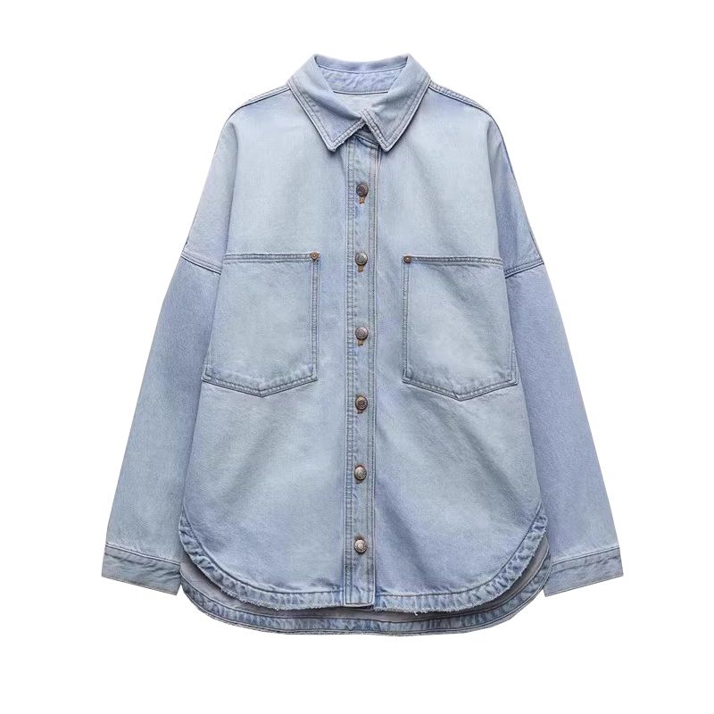 

Осенне-зимняя женская одежда Модный стиль Французский стиль Свободный Длинные рукава Лацканы Рубашка-куртка из выстиранного денима 4877246 Light Blue L