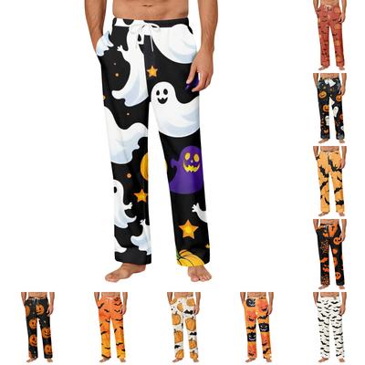 Pantaloni casual drepți cu buzunar cu imprimeu de Halloween pentru bărbați, pantaloni de pijama de casă