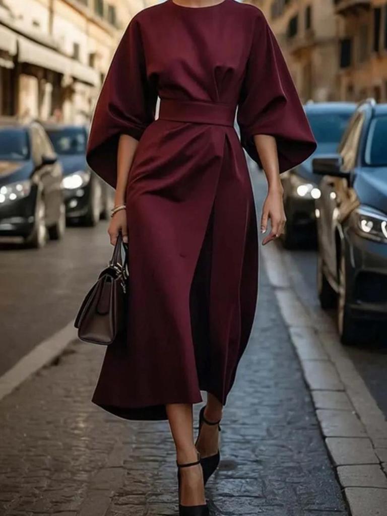 Dames Mode Elegante Temperament Pure Kleur Slim Fit Jurk Casual Vleermuismouw Lange Jurk