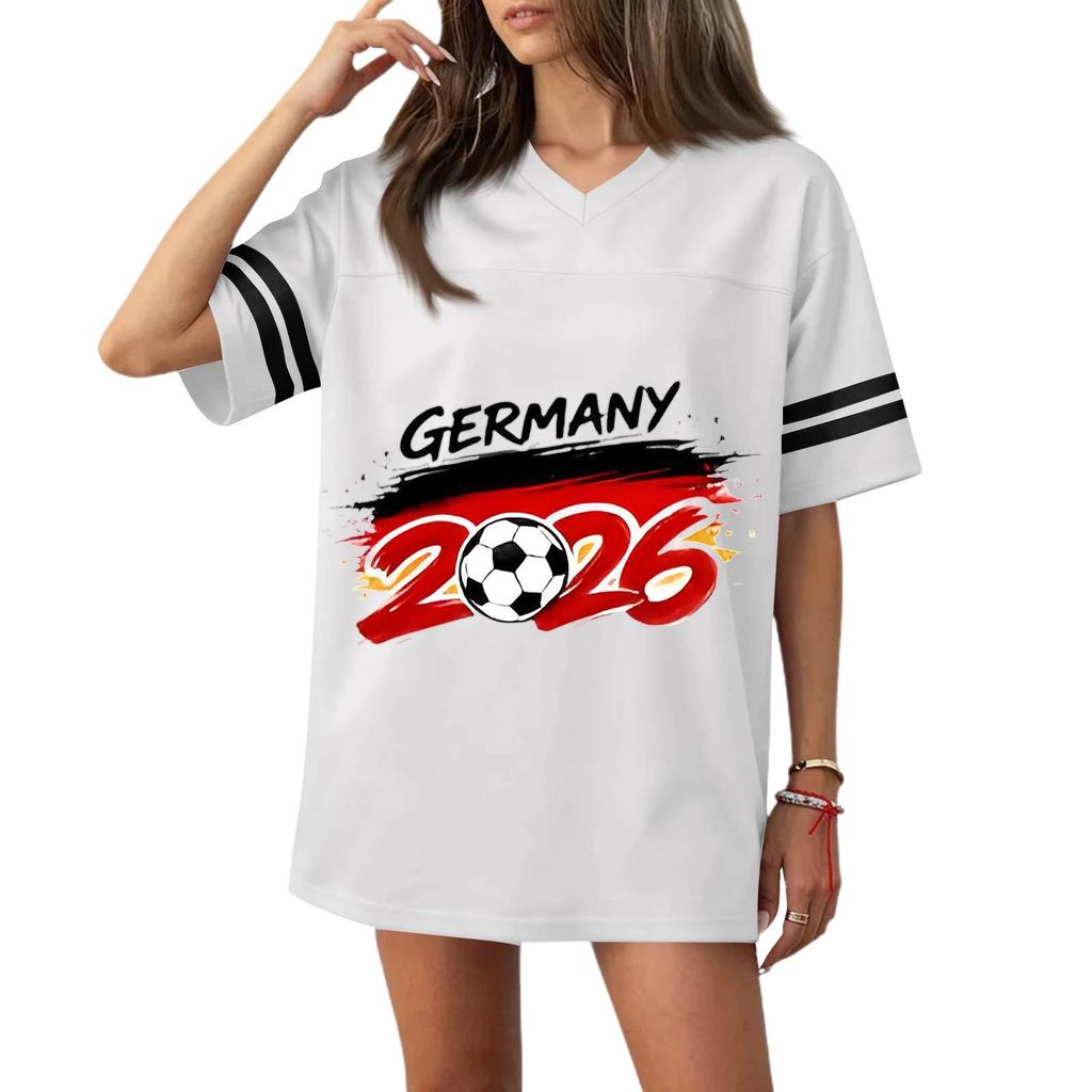 Women’s Casual V Neck Football Jersey Style Short Sleeve Top with Germany 2026 Soccer Flag Print Loose Fit Sports T Shirt