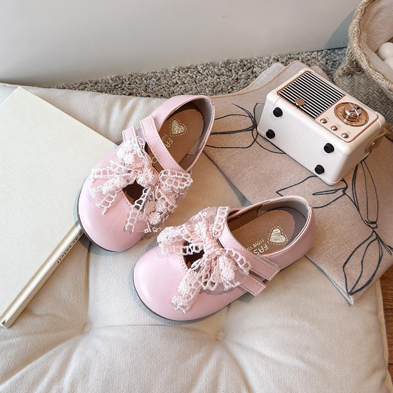 Kids Leather Shoes Double Hook&loop Sweet Girls Princess Shoes Mesh Lace Bows 2025 New Children Flat Shoes Non-slip Soft Sole