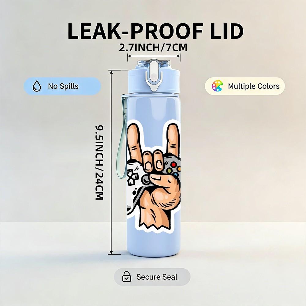 1PC Hand Holding Game Controller Pattern 750ml Color Plastic Sports Water Bottle Leakproof Flip Straw Lid Suitable for Sports Office Home Use
