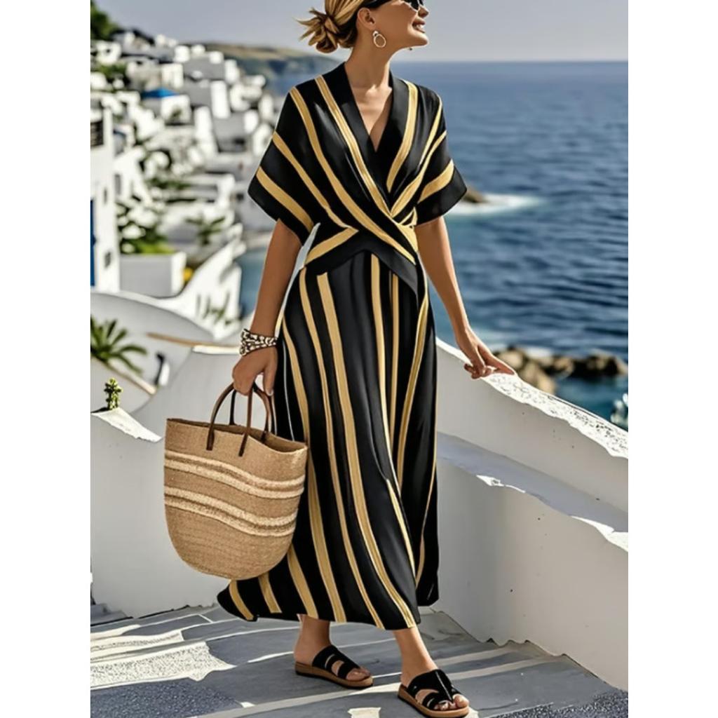 Women's V Neck Short Sleeve Maxi Dress Loose Fit Mid Waist Elegant Striped Wrap Dress