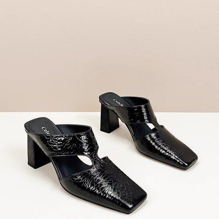 High-heeled cool slippers summer new bag head empty women's slippers simple outer wear fashion square head thick heel slippers women