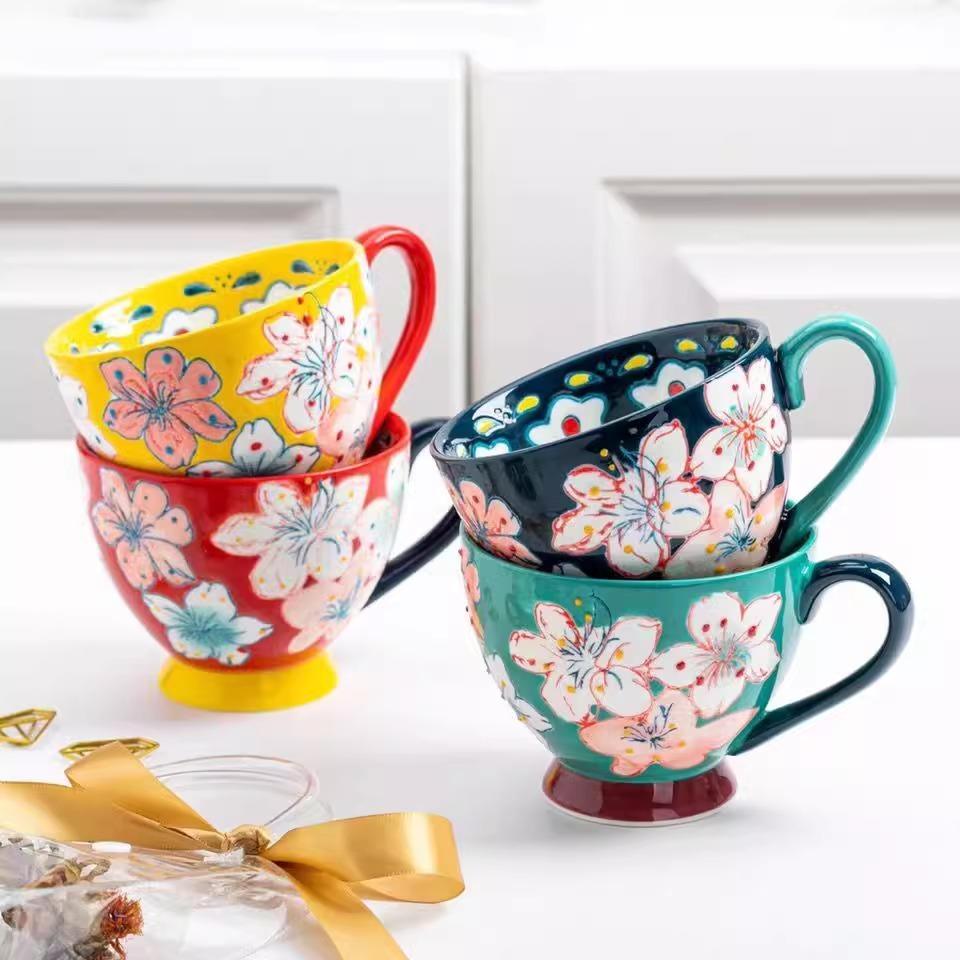 500ml Hand-Painted Ceramic Breakfast Mug – Colorful Glaze Flora lLarge Cup with Wide Mouth – Microwave & Dishwasher Safe