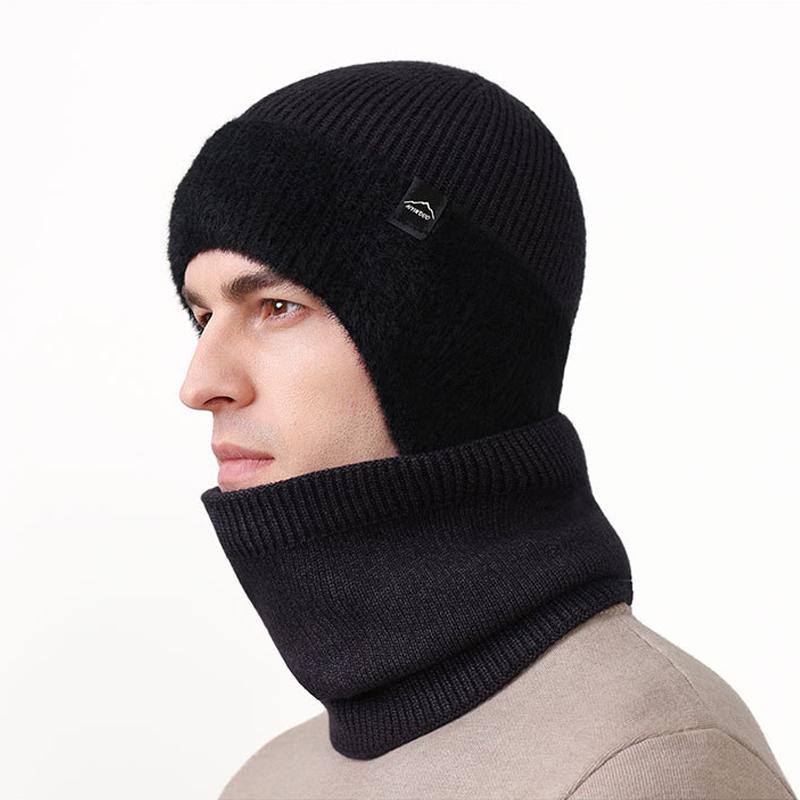 Winter Ear Face Protection Velvet Knitted Hat Scarf Kit Men's Winter Outdoor Warm Hat Two-Piece Set