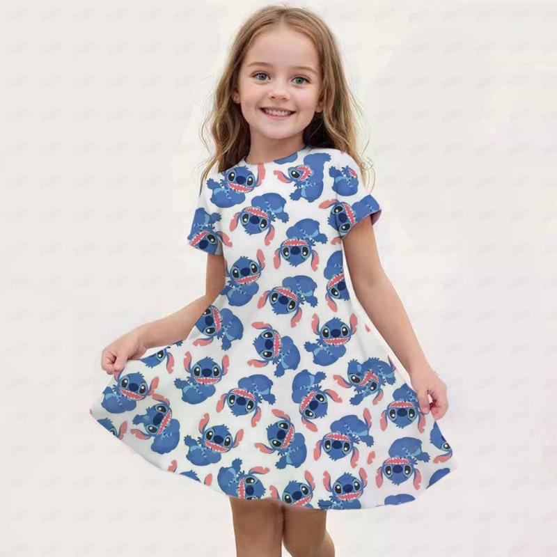 Disney Stitch Print Children's Dress, Birthday Party Girl Princess Summer Casual Soft Cute Costume Top, Hot Sale