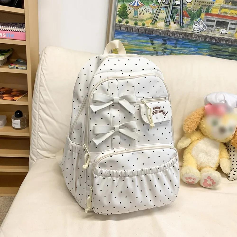 New Polka Dot Bow Girls Backpack Large-capacity Anti-theft Student Schoolbag Nylon Multi-compartment Travel Computer Backpack