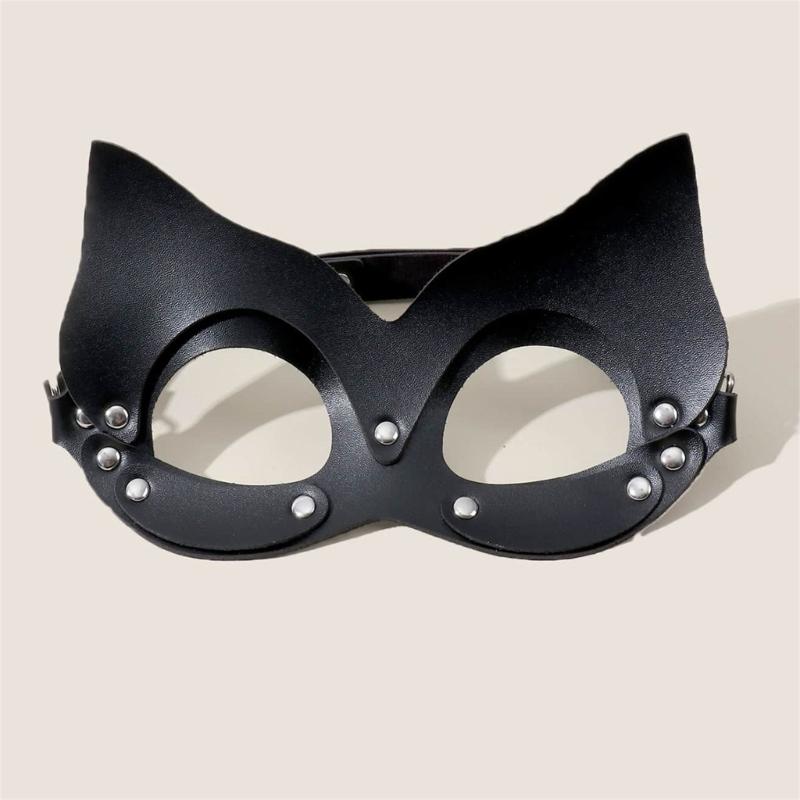 Catgirl Eye Mask With Leather Rivets Choker Catgirl Costume Accessories Half Face Mask For Women Masquerade Halloween