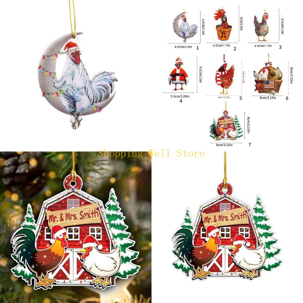 KX4B Christmas Chicken Hanging Pendant Acrylic Animal Ornament for Christmas Tree Car