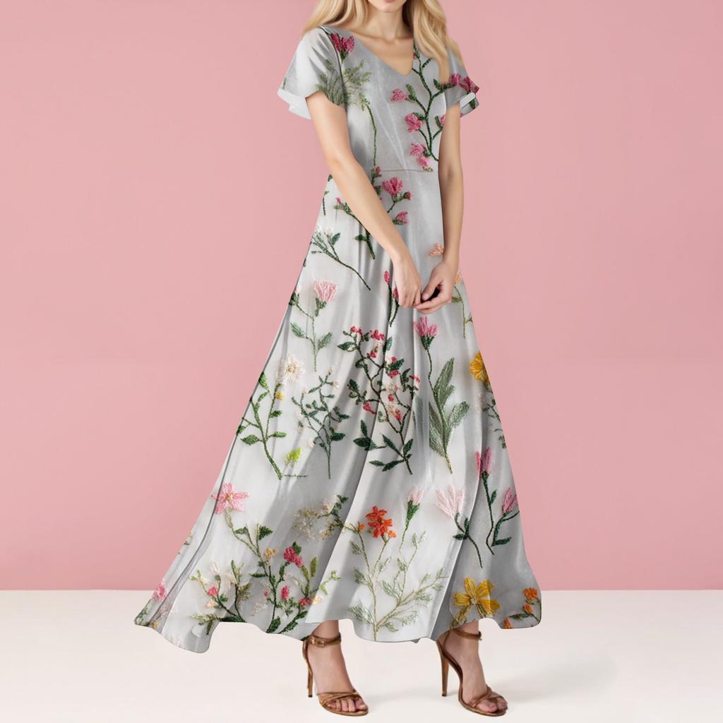Damen Sommer Blumenmuster V-Ausschnitt Kurzarm Maxikleid Fließendes A-Linien Maxikleid Bohemian Urlaubs Strandkleid