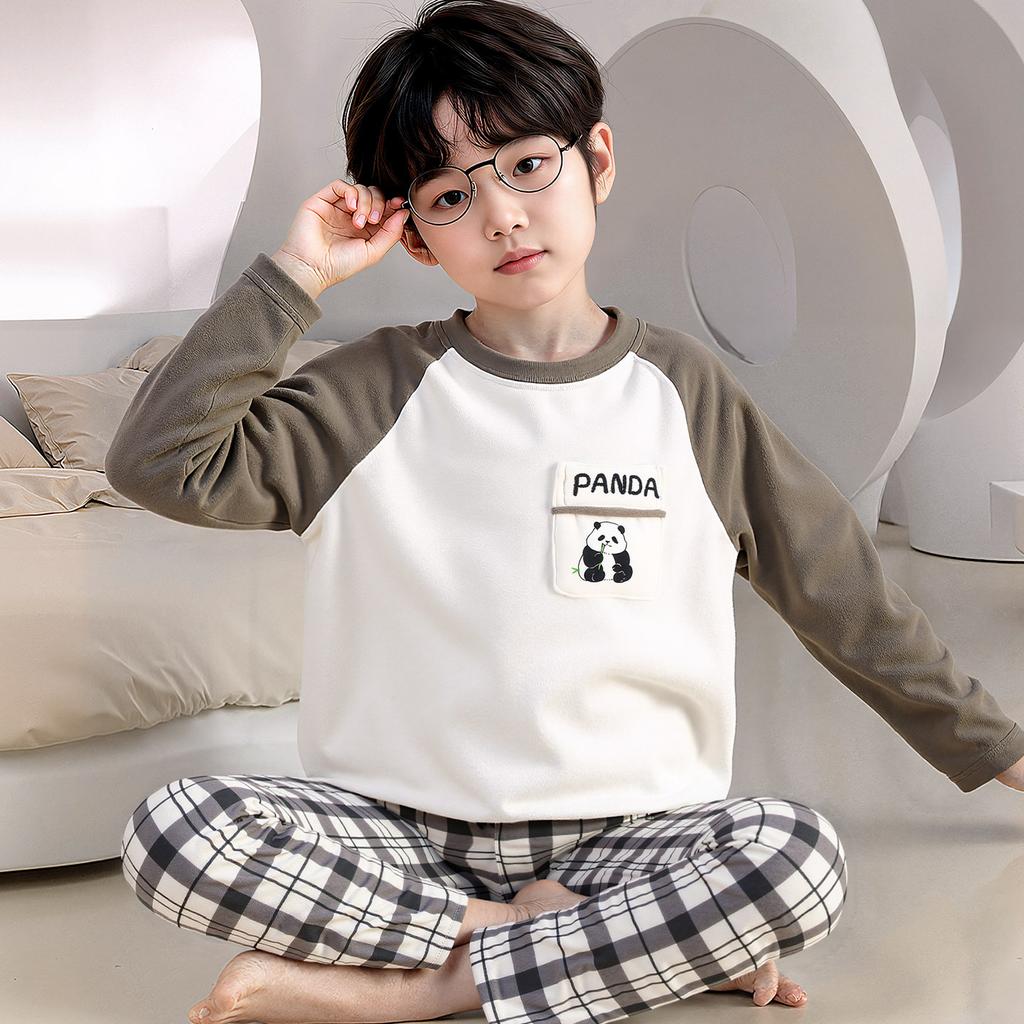 Kids Flannel Pajamas Set Boys Girls Warm Long Sleeve Top And Pants Sleepwear Winter Home Nightwear