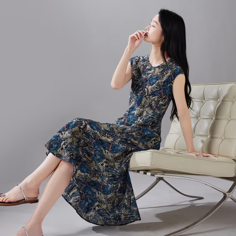 SOFSIL Elegant Mulberry Silk Printed V-Neck Dress XL