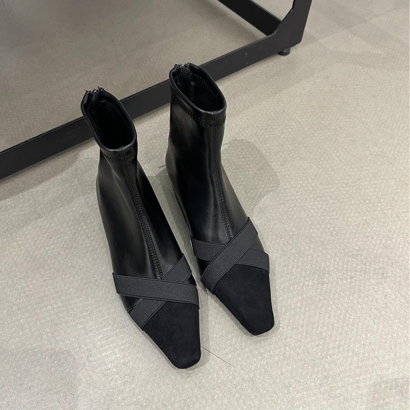 Женские ботильоны Модные Разноцветные Элегантные Короткие Сапоги Женские Квадратный Низкий Каблук Для Улицы Платье Челси 35 чёрный