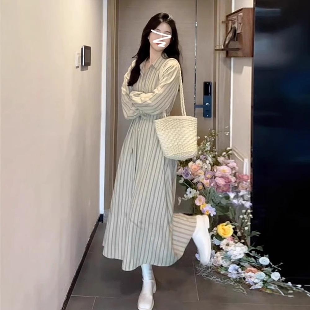 French Striped Long-sleeved Shirt Dress Women's Clothing Early Autumn New Waist Temperament Small Long Dress