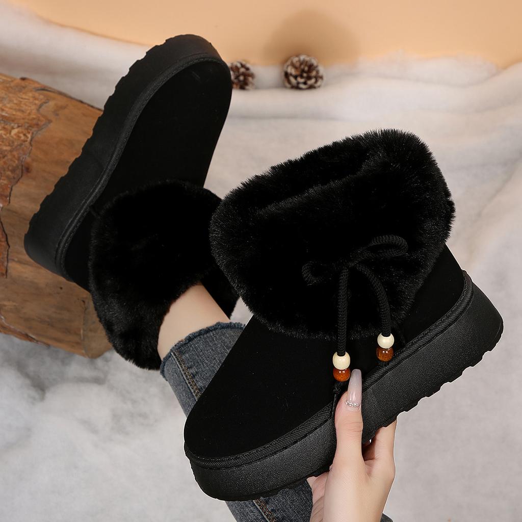 Sweet Beaded Bowknot Decoration Furry Snow Boots Women 2025 Winter Soft Thick Bottom Non Slip Fur Booties Warm Short Plush Boots
