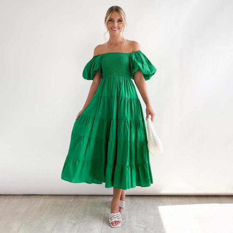 Women's Summer Strapless Print Pleated Dress Short Sleeve Ankle Length Fashion