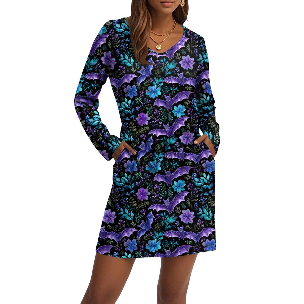 Women's Fashionable V-neck Long Sleeved Drawstring With Pocket Halloween Printed Casual Dress