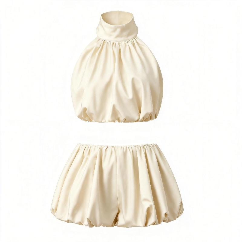 Women Y2k Vintage Short Skirts Sets Solid/Dots Sleeveless Backless Halter Neck Crop Tops with Bubble Skirts Vacation Outfits