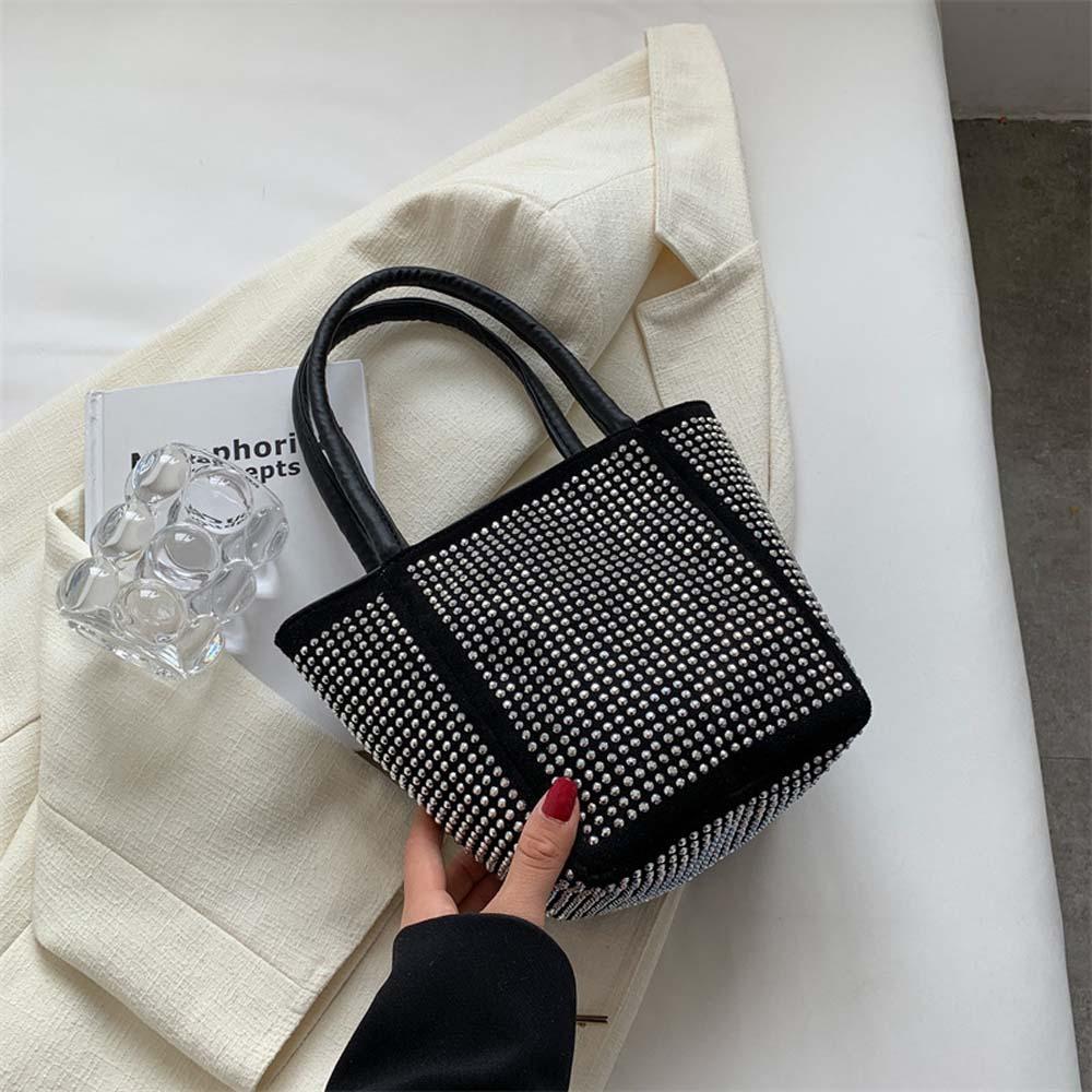 Classical Sparkling Square Bag PU Bucket Handbag Trendy Bright Rhinestone Shoulder Bag Party