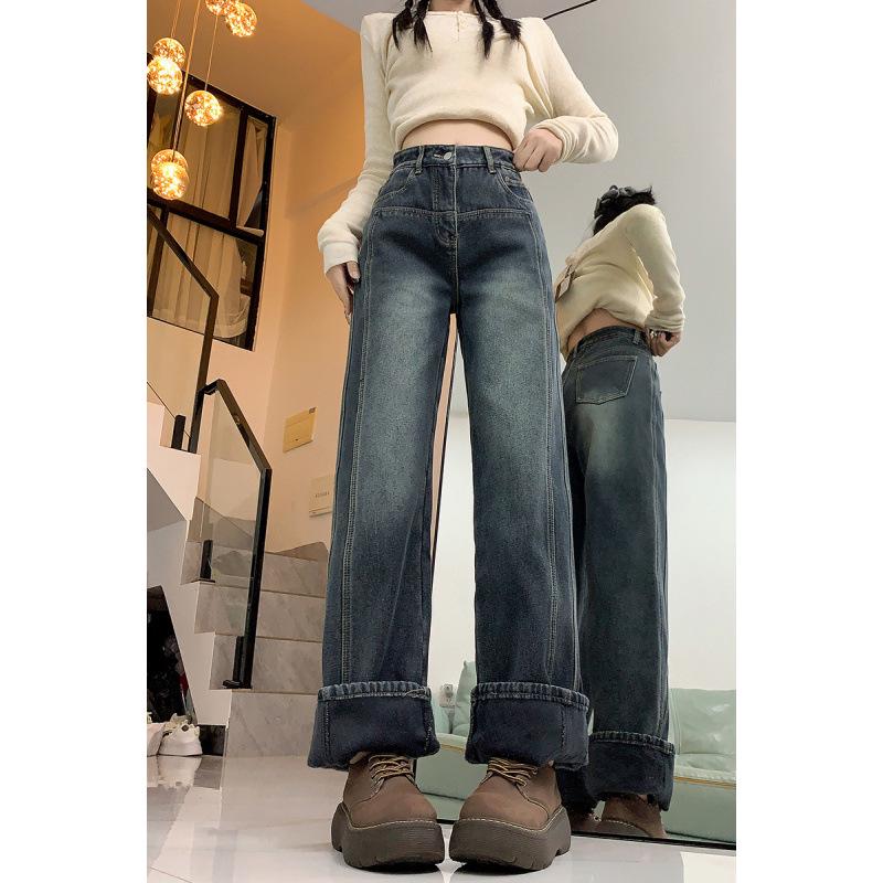 Women's High-Waist Fleece-Lined Straight-Leg Jeans - Winter, Plus Size, Slimming Fit, Wide Leg