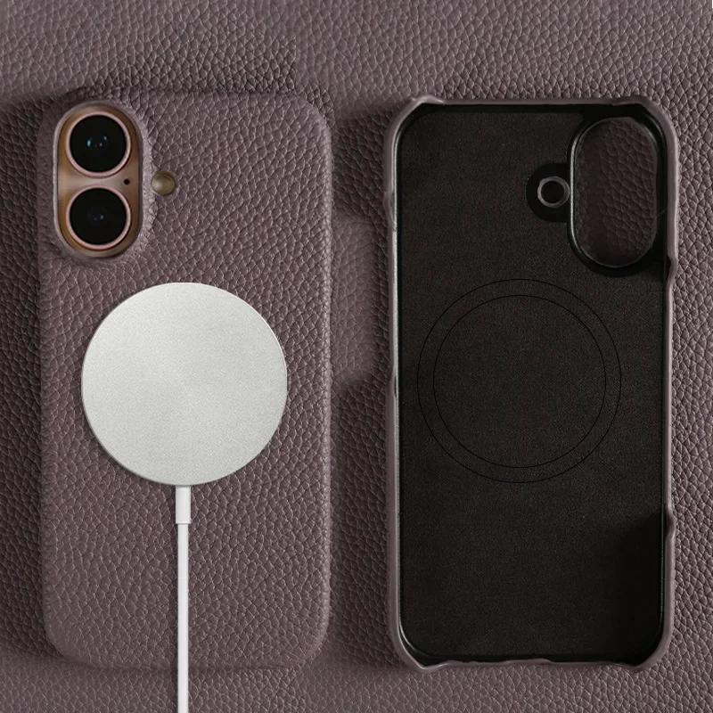 

Top Layer Cowhide Leather Phone Case for iPhone 16 Pro Max 15 Plus 14 Pro 13 Wireless Magnetic Attraction Handmade Hard Cover for IPhone13promax світло-фіолетового кольору