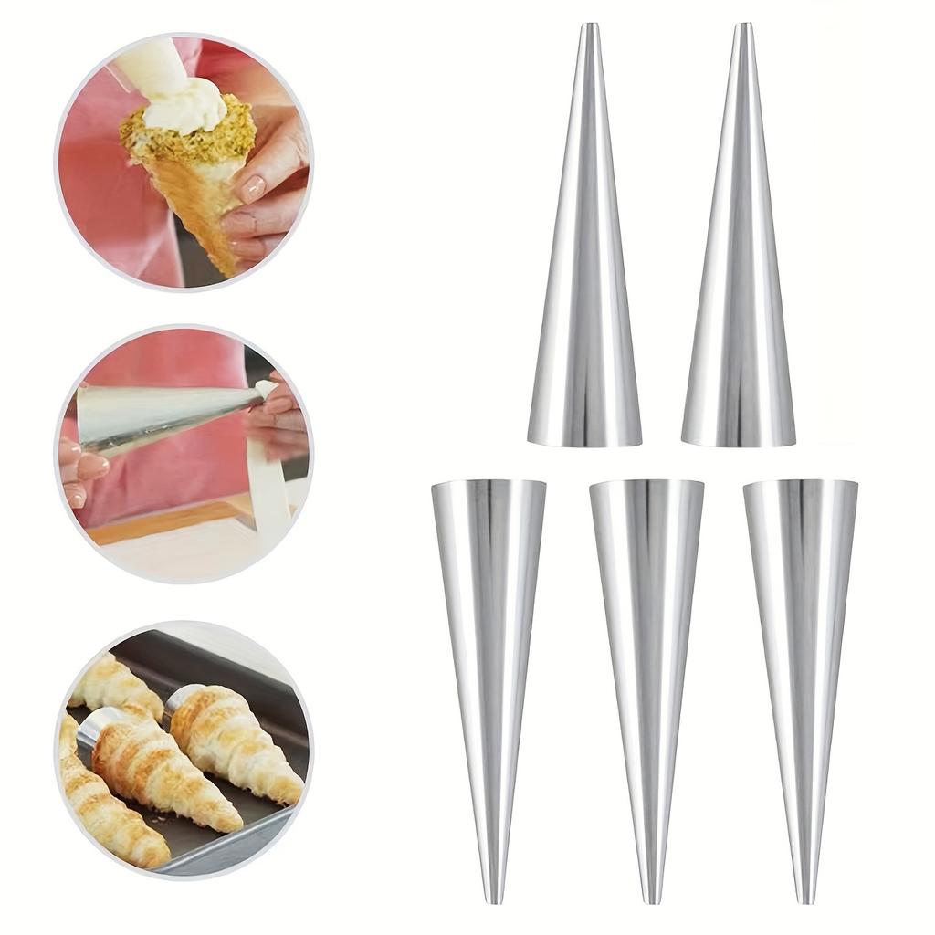 5-Piece Set Stainless Steel Cream Horn Molds - Cone Shaped Danish Pastry Roll Horns