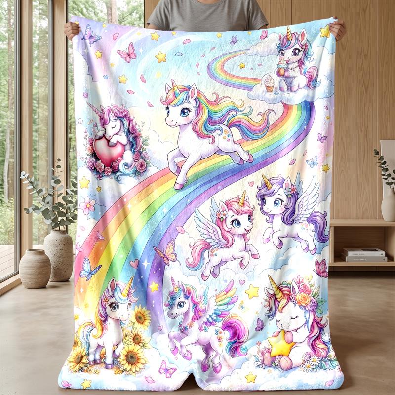 Fantasy Unicorn with Rainbow and Hearts Theme Blanket Lightweight Warm Flannel Blanket Decorative Throw Blanket for Home Decoration
