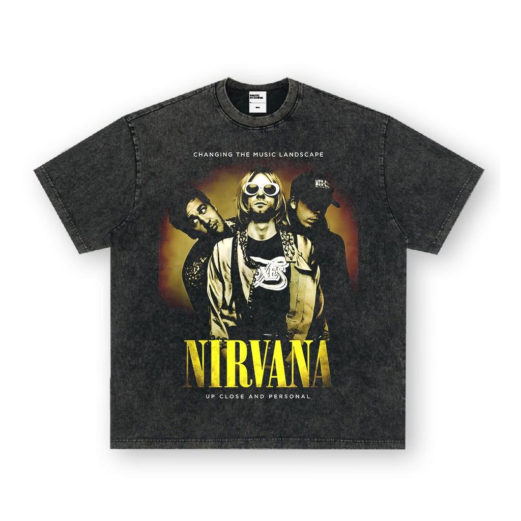 Maglietta a maniche lunghe band Nirvana vintage europeo e americano lavata effetto invecchiato maglietta a maniche corte Nirvana per uomo e donna