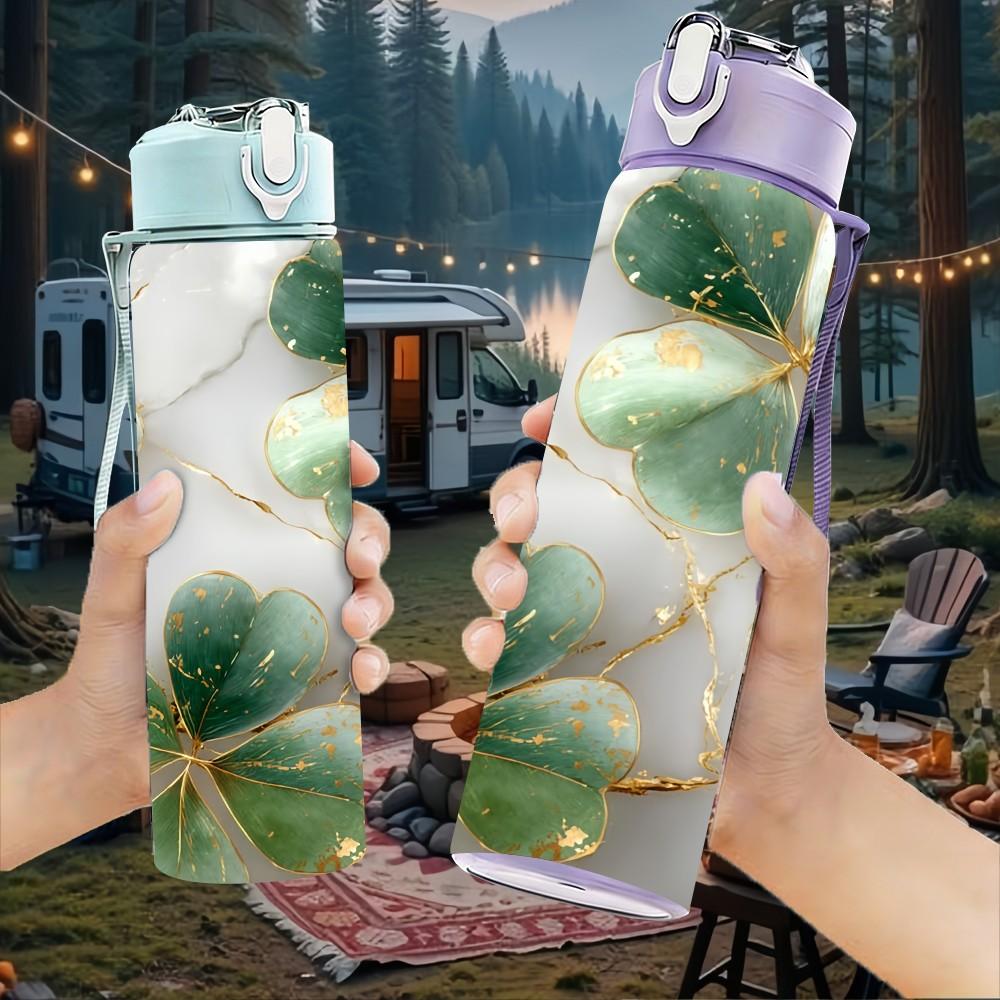 1PC Clover Leaf Gold Marble Pattern 750ml Color Plastic Sports Water Bottle Leakproof Flip Straw Lid Suitable for Sports Office Home Use