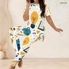 Women Plus Size Printed Two Piece Set Round Neck Short Sleeve Long Top And Fitted Long Pants
