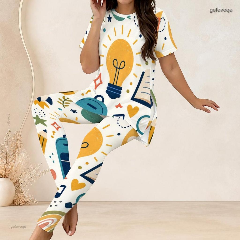 Women Plus Size Printed Two Piece Set Round Neck Short Sleeve Long Top And Fitted Long Pants