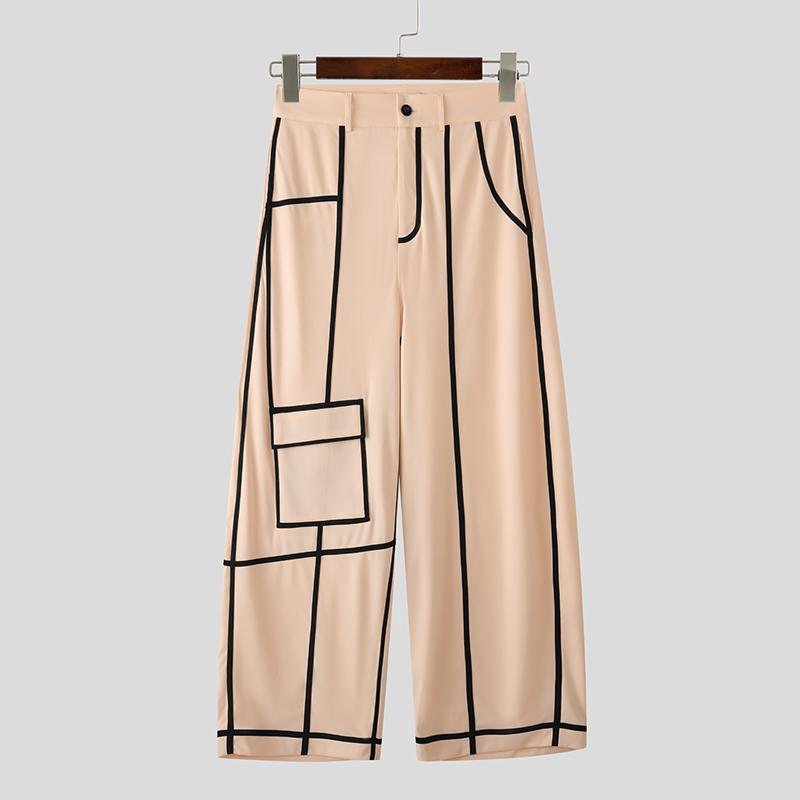 INCERUN Men Zipper Waist Stitching Casual Long Trousers Wide Legs Pants