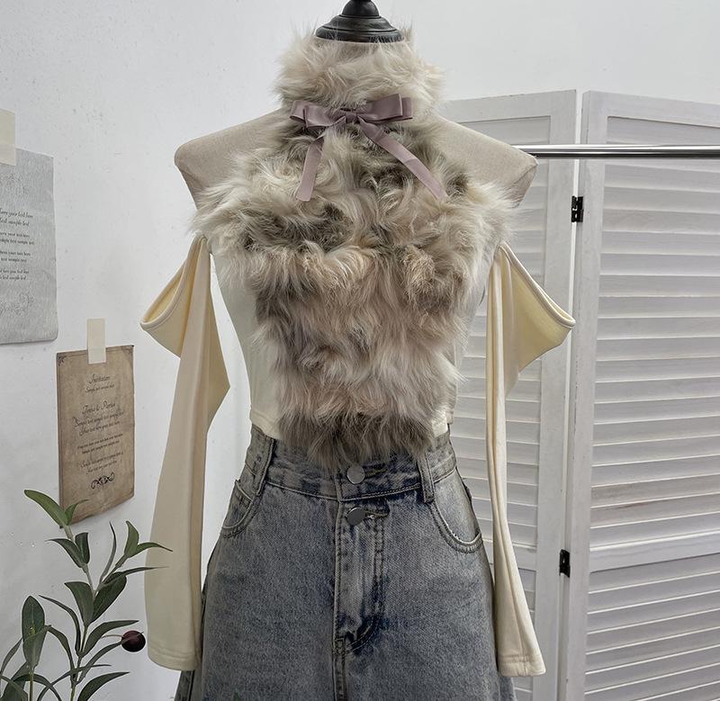 

Fur Bow High Collar Retro Off-Shoulder Long Sleeve Sexy Slim Fit T-shirt One Size абрикосовый