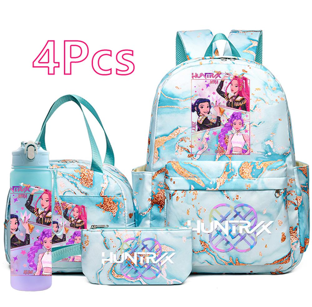 4 Pezzi/set Zaino Stampato Cacciatori di Demoni Cartoni Animati Borsa Astuccio con Borraccia da 750 ml per Ragazzo Ragazza Adolescente Zaini Scolastici di Grande Capacità