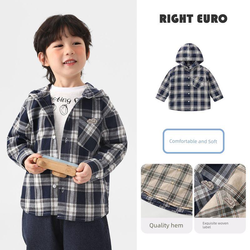 [Right-Ou 2026 Spring New Collection Launch] Boys  Hooded Series Plaid Long-Sleeve Shirt Baby Children s Clothing Top Navy Blue Plaid 140