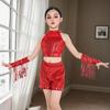 Girls Latin Dance Costume Kid Crop Top Shorts with Tassels Arm Sleeve Sequins Dance Outfit for Party
