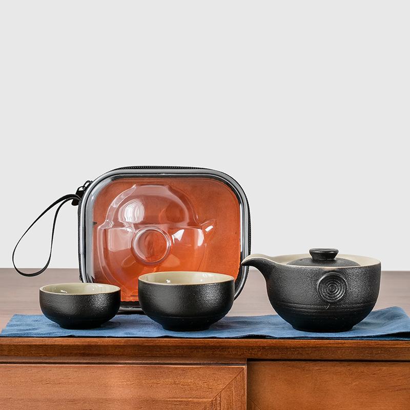 Japanese-style handmade ceramics, one pot and two cups of travel tea set, outdoor portable express cup storage design, simple tea brewer