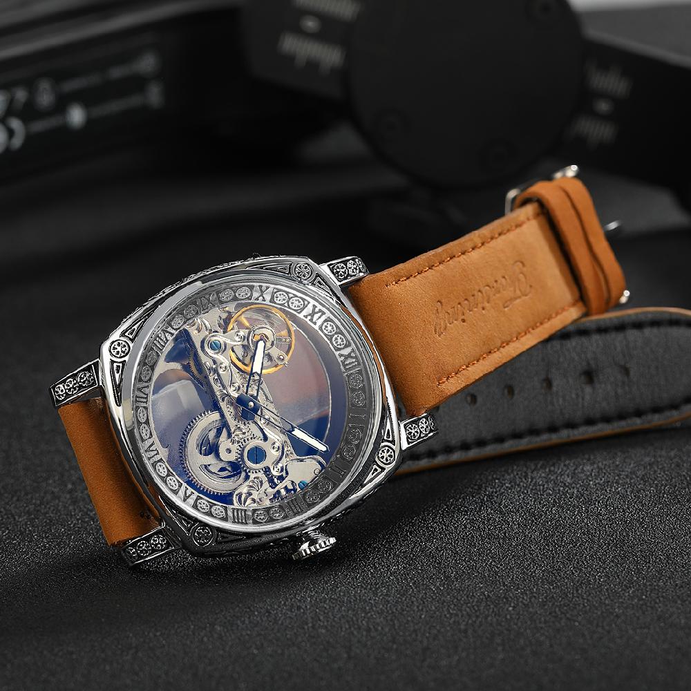 FORSINING Automatic Men Watch Mechanical Bridge Skeleton Transparent Luxury Vintage Cushion Case Suede Leather Male Dress Watch