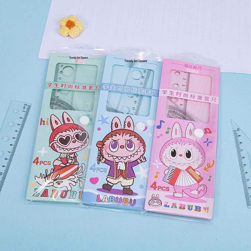 Cute Cartoon Student Ruler Set: Transparent 20cm Straight Ruler, Triangle Ruler, Protractor - 4 Pieces