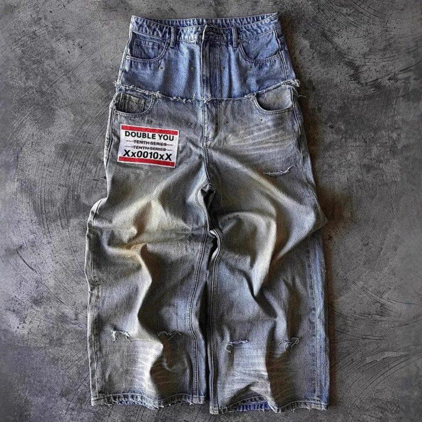 

FlowStreet Street Hip Hop Letter-print Jeans Men Y2k Goth Punk Harajuku Ripped Wide Leg Pants Retro Loose Straight Leg Double Waisted Pants XXL
