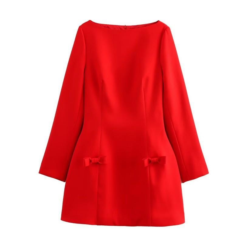 European American Women s Clothing Fashionable French Bow Long-sleeved Waist Dress S